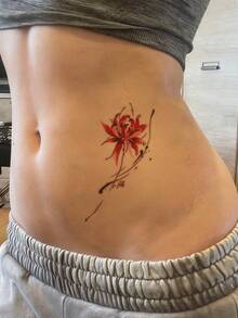 1pc Tattoo Sticker - Ink Splatter Red Pearl Lotus Pattern, Minimalist Vertical Design, Temporary Tattoo Sticker, Washable PVC Material, Waterproof And Sweatproof, Suitable For Hands, Arms, Waist, Abdomen, Back, Legs - Non-Reflective, Realistic Tattoo Design, Suitable For Travel, Music Festivals, Games, Graduation Gifts, Daily Use. Lasts 3-5 Days. - Multicolor - View 4