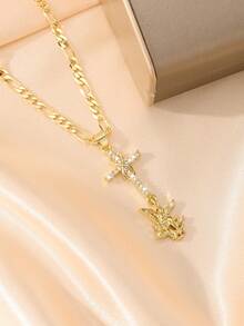1pc Catholic Vintage Double Pendant Necklace, Unisex Design. Featuring A Sparkling Zirconia-Inlaid Cross And Infinity Symbol Combination, Symbolizing Eternal Faith, Paired With St. Michael Archangel Pendant. Equipped With A 50cm Classic Figaro Chain, Comfortable And Versatile. Symbolizing Protection And Devotion, Ideal Gift For First Communion And Catholic Baptism. - Yellow Gold - View 5