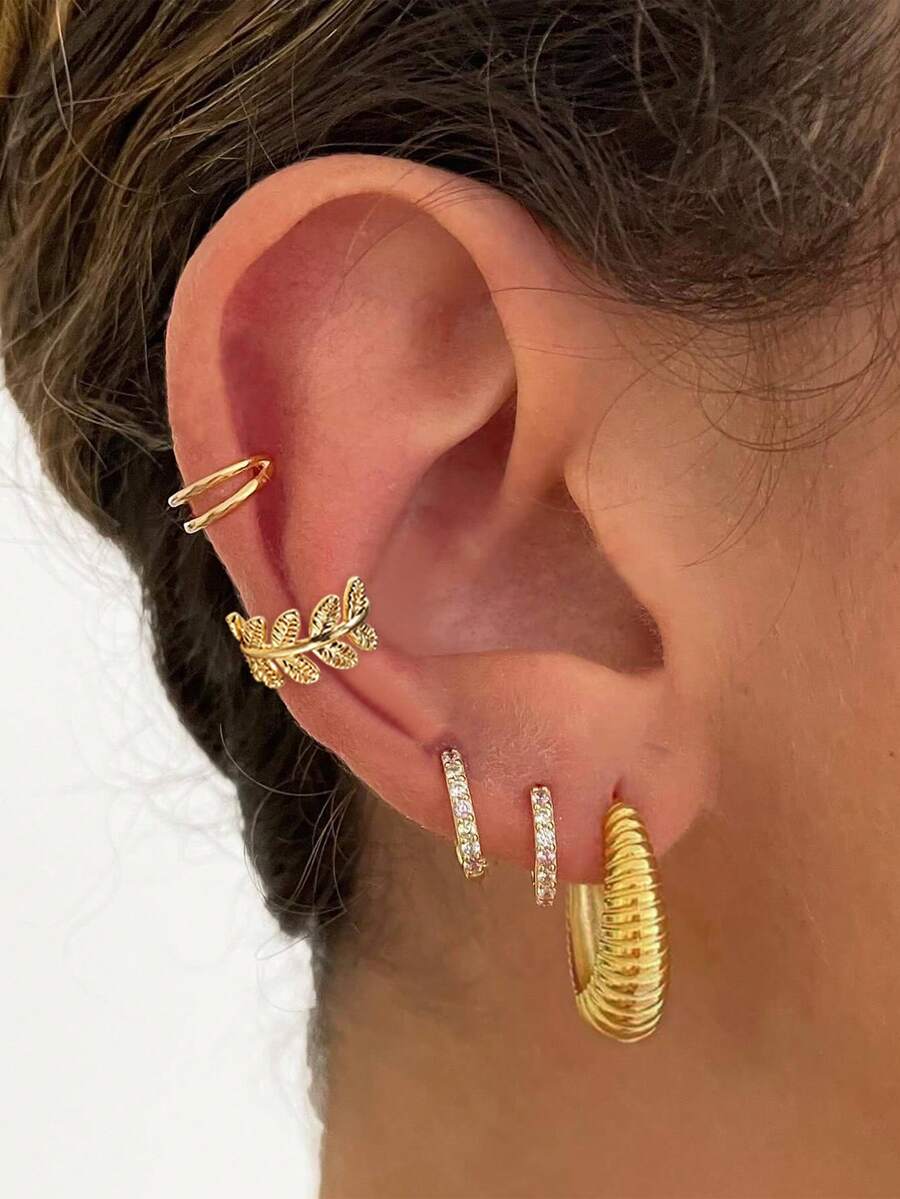 Nooxian 1 Set de pendientes dorados con patrón de hoja, pendiente de cartílago + clip de cartílago de doble aro + aro de strass + aro ancho texturizado, estilo de lujo en capas - amarillo dorado - Ver 1