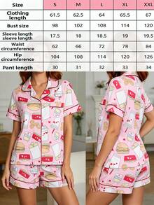 2-Piece Set - Women's Pink Burger, Cheese, And French Fry Printed Short Sleeved Shorts And Pajamas Set, With Pocket Button Design On The Top, Comfortable And Soft Skin Friendly Knitted Fabric Casual Wear, Suitable For Daily Home, Sleepwear Parties, Family, All Seasons - 粉色 - 查看 8