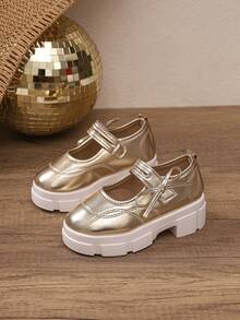 1 Pair European & American Style Spring/Autumn Girls' Gold Shiny Patent Leather Thick Sole Mary Jane Shoes, Hook And Loop Easy On/Off, Soft Sole Foot Protection, Comfortable For Long Wear, Versatile Shoes For Outdoor, Commuting, Daily Wear And Vacation - Gold - View 2