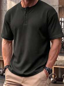 1pc Relaxed Fit Black Waffle Knit Henley Collar Button Casual Men's POLO Shirt, Polyester Material, Lightweight And Breathable Polo Shirt, Sporty Casual Style, Machine Washable, Suitable For Summer Daily Wear, Business Commute, Running, Exercise, Outdoor Top - Black - View 2