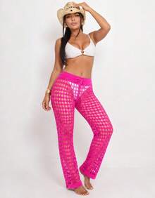 Knitted Beach Cover-Up Pants With Elastic Tie-Up Fishnet - Hot Pink - View 2