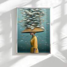 1 pieza Póster de arte minimalista retro Art Deco sin marco de una chica con sombrero y pez, decoración de pared de lienzo con tema de moda para el hogar, oficina, sala de estar, dormitorio, comedor, decoración del hogar - A - Ver 5