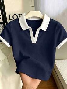 Camiseta de mujer de manga corta ajustada con cuello polo de unicolor - Multicolor 3 - Ver 1