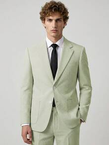 Men's 2 Piece Slim Fit Seersucker Suit Set Notch Lapel Blazer And Dress Pants For Wedding Groom Prom Business Casual Lightweight Summer - 墨綠色 - 查看 1