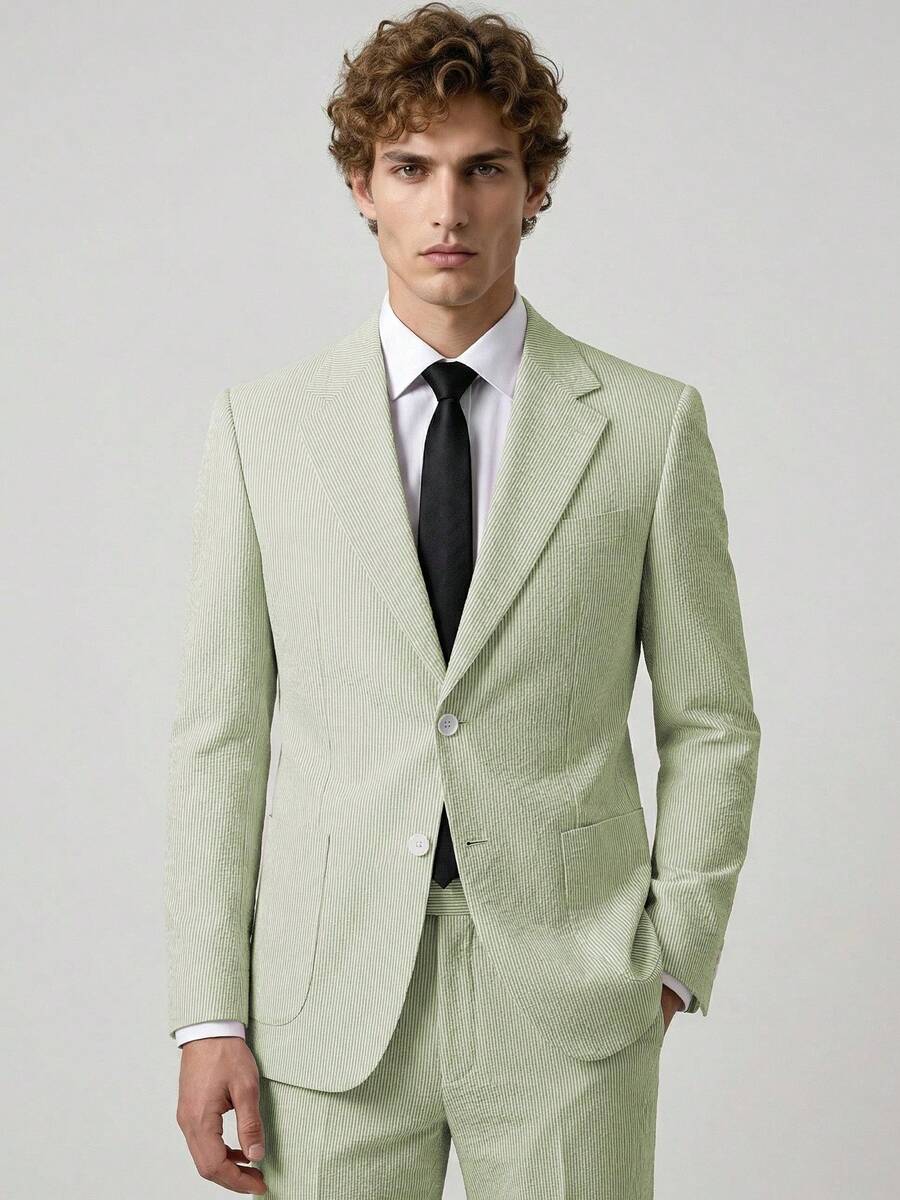 Men's 2 Piece Slim Fit Seersucker Suit Set Notch Lapel Blazer And Dress Pants For Wedding Groom Prom Business Casual Lightweight Summer - 墨綠色 - 查看 1