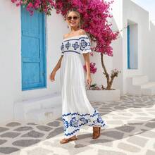 Women Summer European American Style Printed Off Shoulder Short Sleeve Two Way Wear Long Midi Dress New Fashion 2024 - 藍白色 - 查看 2