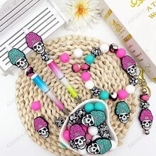 32/44 pièces Ensemble de perles en silicone en forme de crâne, perles roses et turquoises en forme de crâne, décoration de collier, bracelet, bijoux et pendentif DIY, cadeau pour les fêtes et anniversaires - Chapeau à tête de mort - Voir 6