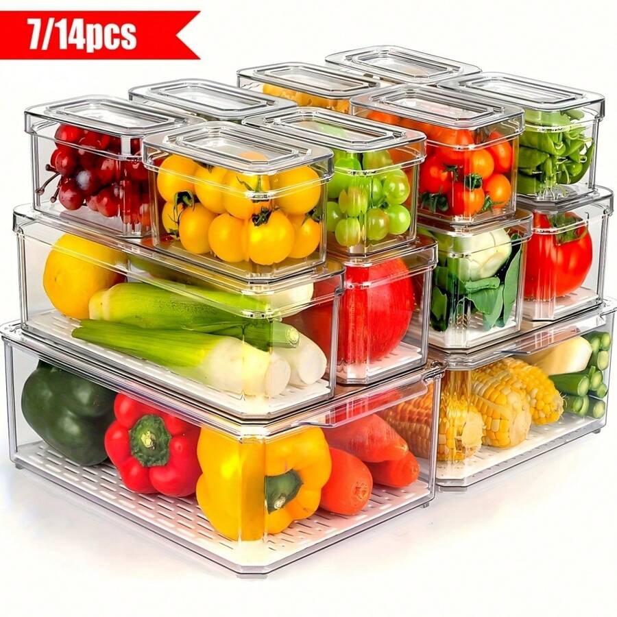 7/14 Pack Fridge Organizers,Stackable Refrigerator Organizer Bins With Lids,Fridge Fruit Storage Containers,Space-Saving Organizers Suitable For Kitchen,Cabinets And Fridge,For Snacks, Fruits, Vegetable, Cereals,Perfect Gift For Graduation,Party,Birthday,Wedding,Easy Installation. - trắng - Xem 1
