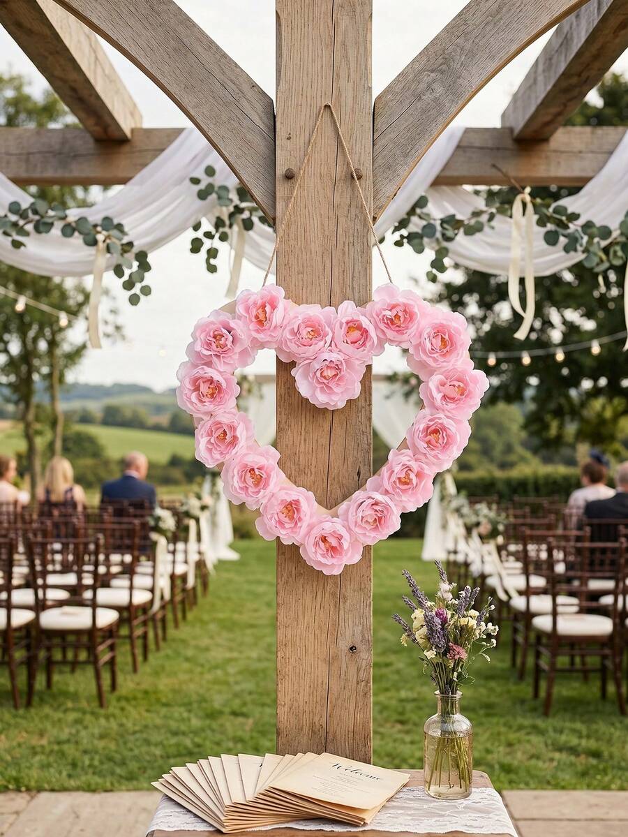1pc Heart-Shaped Artificial Pink Rose Wreath, Romantic Floral Wall Hanging Decor For Wedding, Valentine's Day, Bridal Shower, Front Door, Bedroom, Living Room, Boho Home Decoration - Pink - View 1