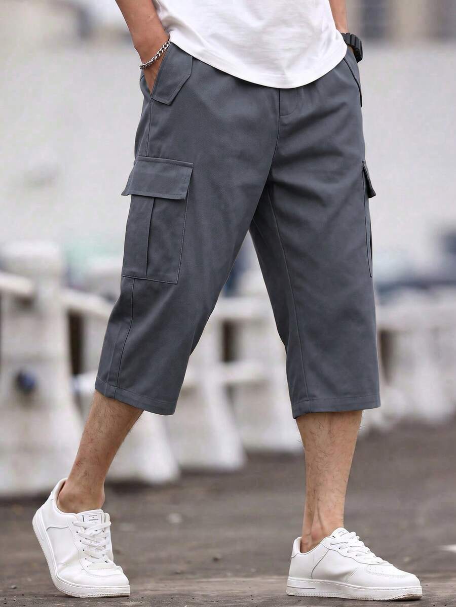 1件男童寬鬆休閒七分工裝短褲，膝長百搭夏季短褲，適合春、夏、秋季及返校季 - 灰色 - 查看 1