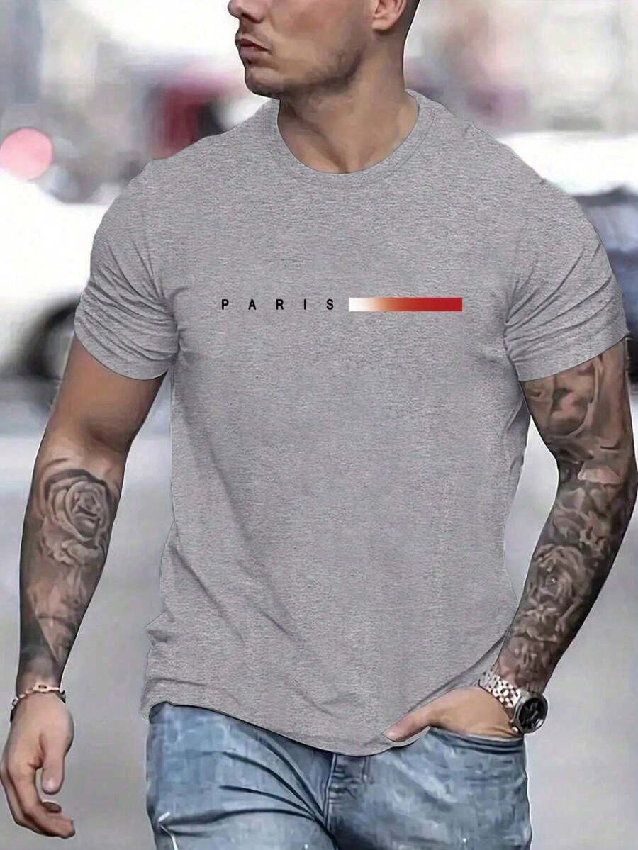 Camiseta Casual de Manga Corta con Cuello Redondo y Estampado de Letras para Hombre, Verano - Rojo - Ver 1