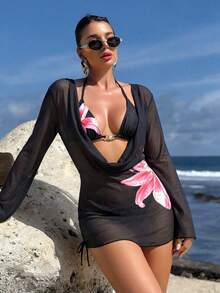 3pcs/Set Floral Jacquard Bikini Set, Including Camisole Top, Bra And Briefs, With Removable Swimwear Pads And Chiffon Printed Cover-Up, Suitable For Summer Vacation, Beach, Festivals And Other Occasions - Multicolor - View 2
