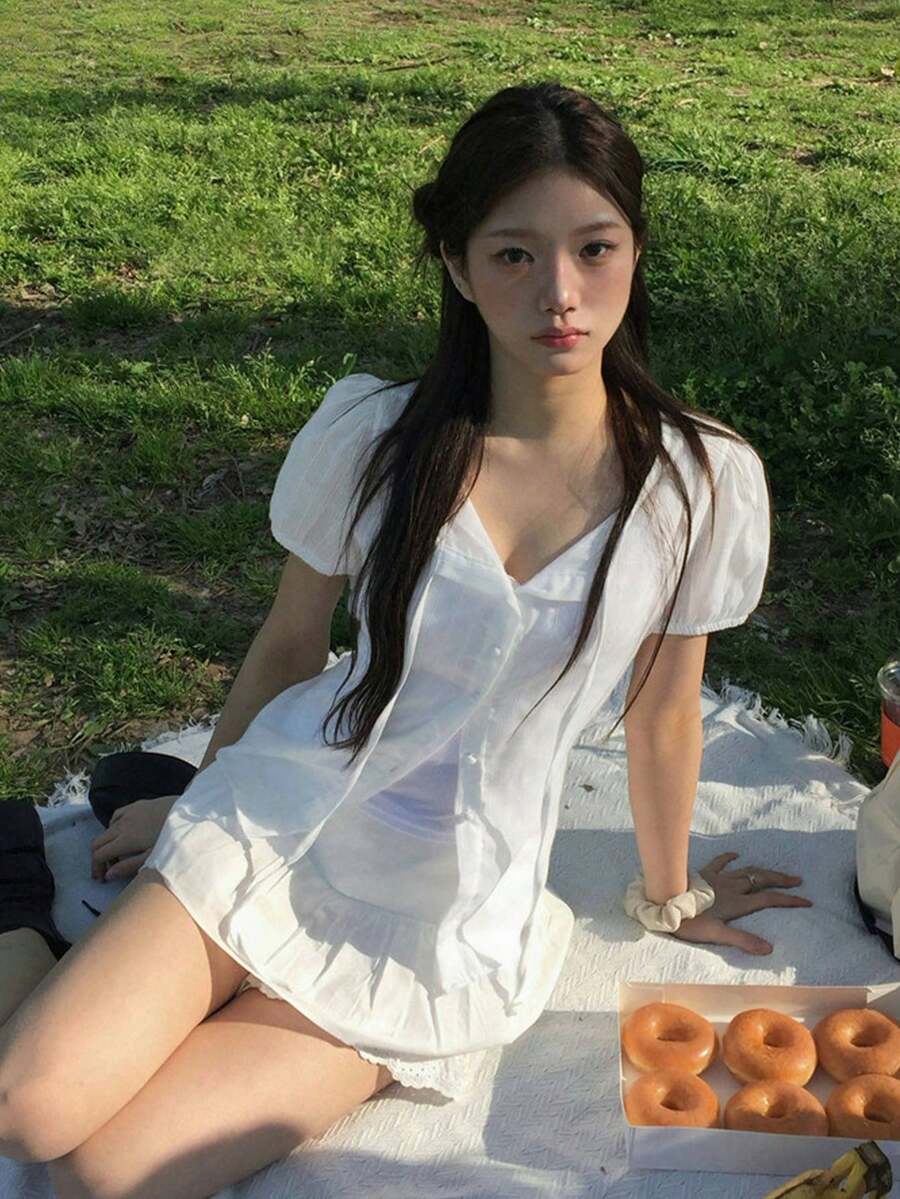 甜美腰部繫帶百搭花瓣袖短袖上衣,夏季白色 - 白色 - 查看 1