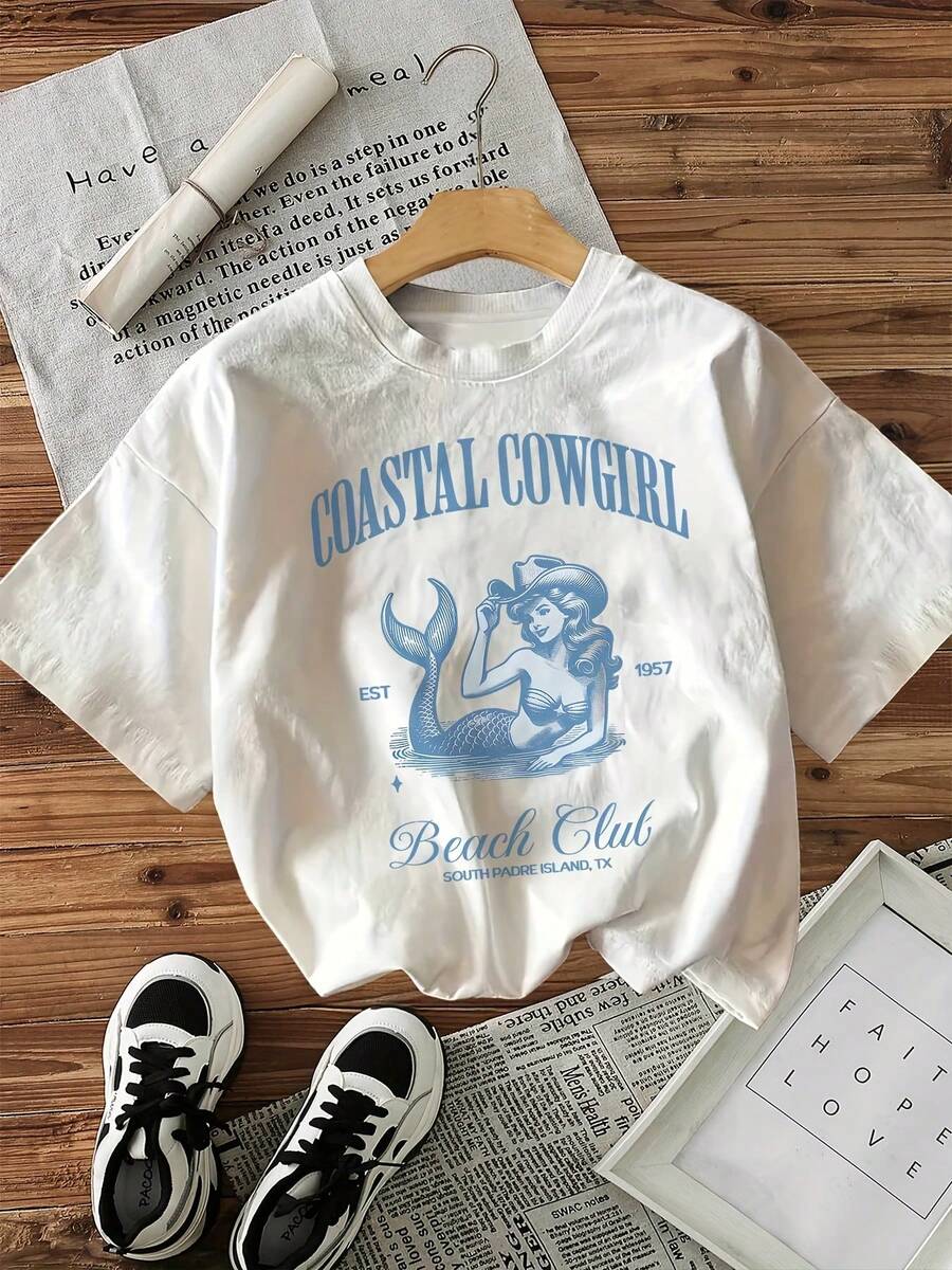 Vintage Women's Casual Loose Round Neck T-Shirt With Cowgirl Côte Lettering Print, Retro Mermaid Cowboy Summer Style Isla Summer Top - 白色 - 查看 1