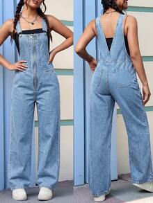 Women's Washed Denim Overalls With Front Zipper Design, Loose Straight Leg Jumpsuit, Summer Outfit Casual Fall - Light Wash - View 3