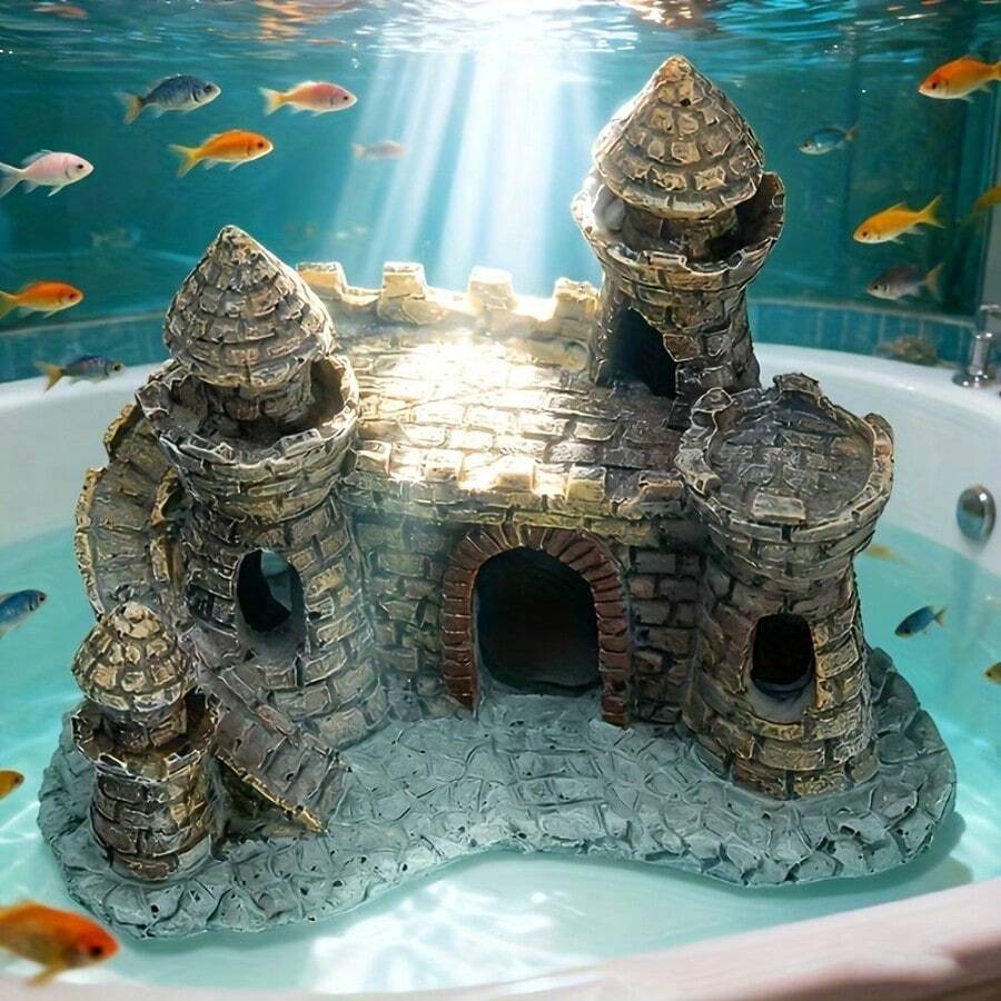 3pcs Combination Set, Water Castle Aquarium Decoration, Intricate Fish Tank Decor, Antique Small Castle Design With Detailed Towers And Arched Entrance, Aquarium Ornament - Happy Aquarium - View 1