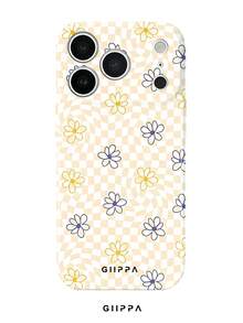 GIIPPA 1pc Yellow & White Asymmetric Grid Base With Floral Pattern Design, Phone 17 Pro Max Phone Case, Compatible With Phone 16 Pro Max, 15 Pro Max, 14 Pro Max, Korean Style High-End Fashion Fun Phone Case, Compatible With 11/12/13/14/15/16 Pro Max Plus, Elegant Design Suitable For Men And Women, Perfect Gift For Girlfriend On Christmas, Valentine's Day, Easter, Wedding Season And Birthday! - Yellow - View 1