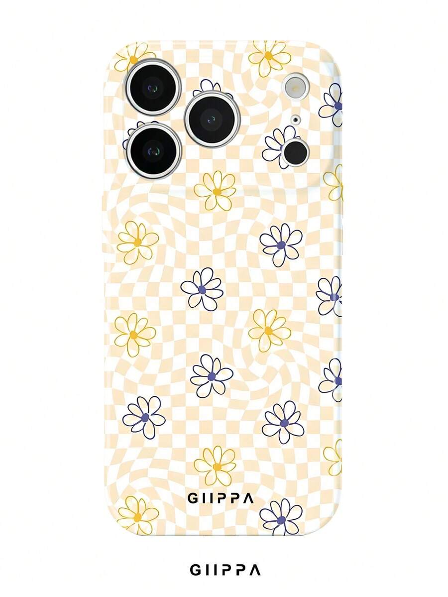 GIIPPA 1pc Yellow & White Asymmetric Grid Base With Floral Pattern Design, Phone 17 Pro Max Phone Case, Compatible With Phone 16 Pro Max, 15 Pro Max, 14 Pro Max, Korean Style High-End Fashion Fun Phone Case, Compatible With 11/12/13/14/15/16 Pro Max Plus, Elegant Design Suitable For Men And Women, Perfect Gift For Girlfriend On Christmas, Valentine's Day, Easter, Wedding Season And Birthday! - Yellow - View 1