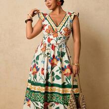 LunaCass8  Vestido largo de mujer talla grande con estampado floral tropical, cuello en V, mangas con volantes, cintura ceñida y falda en línea A, vestido romántico para vacaciones en primavera temprana - Rosa - Ver 2