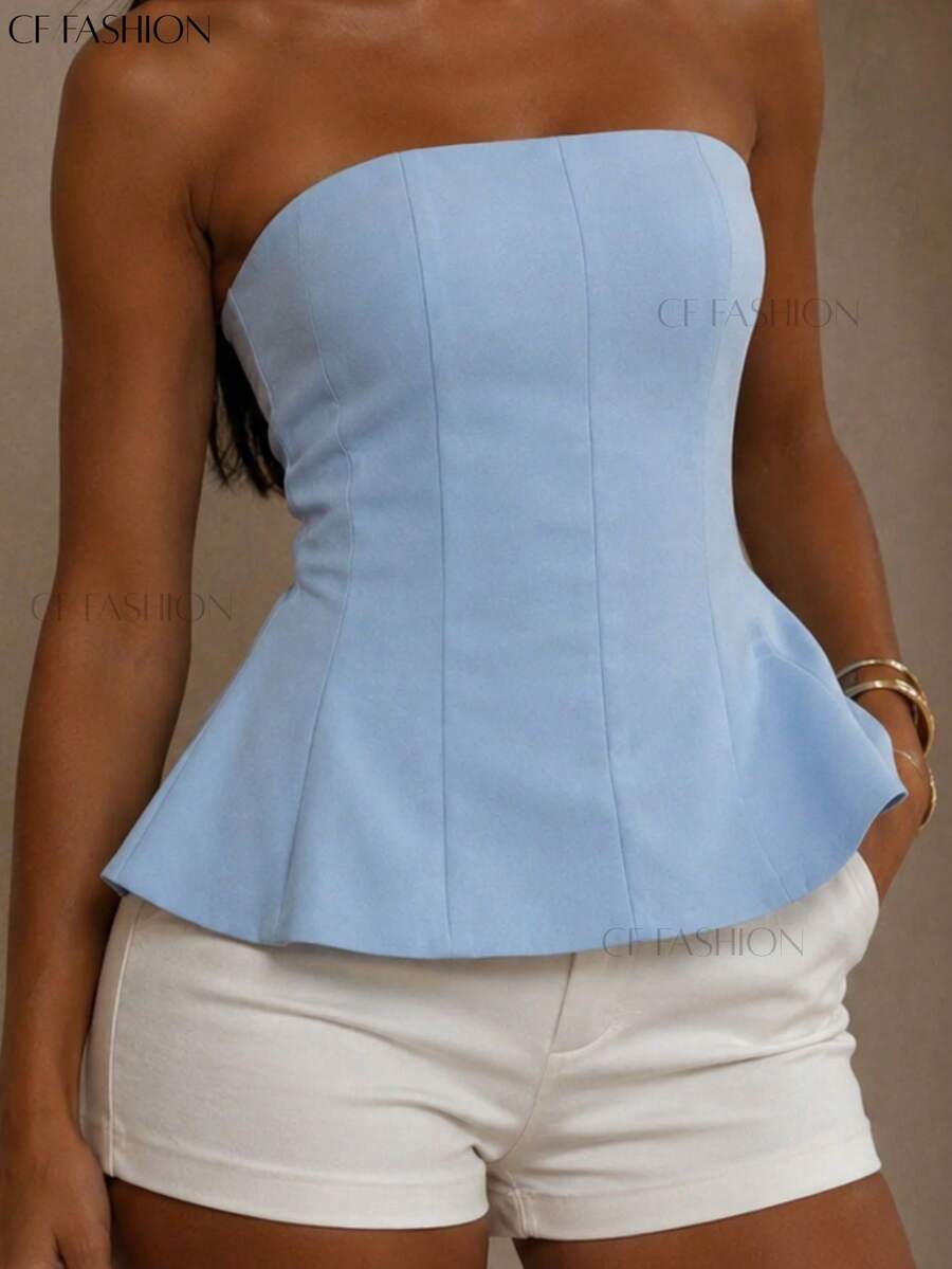 Cropped Strapless Blouse With Ruffles, Elegant Fashion, Blogger Style, Summer Premium Style, No Padding - 淺藍色 - 查看 1