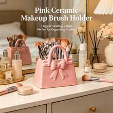 1 Creative Pink Bow-Decorated Makeup Brush Storage Handbag, Cute Large Handbag-Shaped Storage Ornament, Bow Makeup Pen Storage Jar, Indoor Desktop Decorative Storage Ornament - Tote Bag - View 3