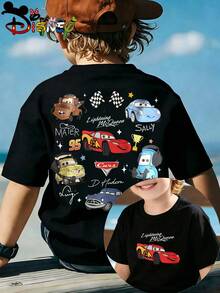 Disney Car Lightning McQueen&Friends Character Collage Double-Sided Printed Children's T-Shirt, Short Sleeved Casual Top, Daily Wear Sports Comfort - màu đen - Xem 1