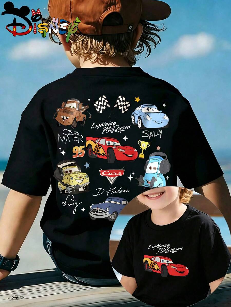 Disney Car Lightning McQueen&Friends Character Collage Double-Sided Printed Children's T-Shirt, Short Sleeved Casual Top, Daily Wear Sports Comfort - màu đen - Xem 1