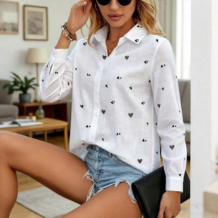 YI XUAN Women's White Long Sleeve Shirt Collar Printed Blouse, Heart Print, Front Button Closure, Regular Hem, Woven Fabric