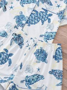 2pcs Women Pajama Set, Sea Turtle Shell Starfish Print, Ladies Loungewear, Spring Summer Holiday Outfit, Short Sleeve Collared Top And Shorts Can Be Worn Outdoors - Navy Blue - View 6