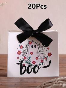 Halloween Paper Gift Box, White Cartoon Ghost & Flower Pattern Gift Packaging Box, Black & Pink Ribbon Decoration, Boo Theme, Special Packaging For Ghost Festival Party & Celebration Events - View 18