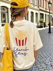 Tween Girl-Cartoon French Fries Print T-Shirt, Soft And Comfortable Fabric, Suitable For Girls Outdoor Sports, Daily Wear, Streetwear, Campus Wear, Fashionable Girls Spring/Summer Casual Versatile Top - Apricot - View 1