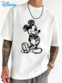 Disney Mickey Mouse Printed T-Shirt, Casual Cartoon Style, Simple And Stylish Design, Short-Sleeved Men's T-Shirt Made Of Pure Cotton, Streetwear Outfit, Matching Look, Suitable For Everyday Wear And Outdoor Sports, Summer Clothing. - 白色 - 查看 1