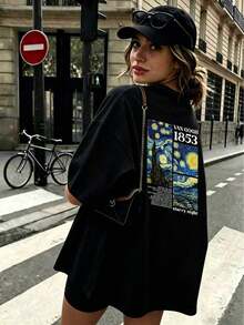 Women's Casual T-Shirt Featuring Tribute To Van Gogh's Masterpiece "Starry Night" And 1853 Numeric Design, Summer Black - Black - View 10