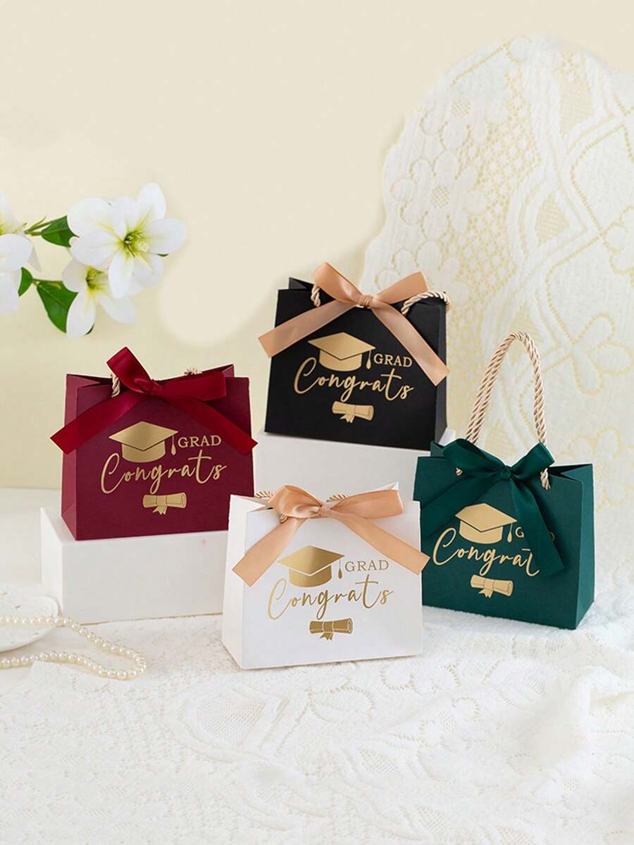 12pcs Graduation Gift Bags With Mortarboard Pattern And Satin Bow, Premium Matte Paper Bags With Twisted Rope Handles, Self-Assembly Required, Suitable For Gifts, Candy, Snacks And Small Favors, Multiple Colors, For High School And College Graduation Parties - Graduation Cap Paper Bag - View 1