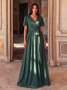 Elegant Crossover V-Neck Butterfly Sleeve Dress With Belt, Suitable For Spring/Summer Wear | Perfect For Garden Weddings, Vacations And Special Occasions - Dark Green - View 1