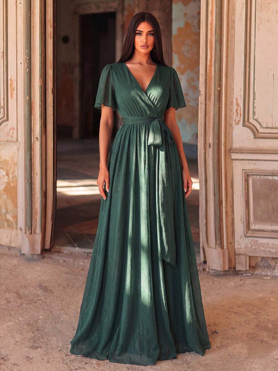 Elegant Crossover V-Neck Butterfly Sleeve Dress With Belt, Suitable For Spring/Summer Wear | Perfect For Garden Weddings, Vacations And Special Occasions - Dark Green - View 1