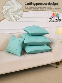 1pc Green Waffle Textured Pom Pom Decorative Pillow Cover (No Insert), Modern Home Decor Pillowcase, Suitable For Sofa, Living Room, Bedroom, Car, Daily Use, High-End Minimalist Design [No Pillow Core] - Green - View 2