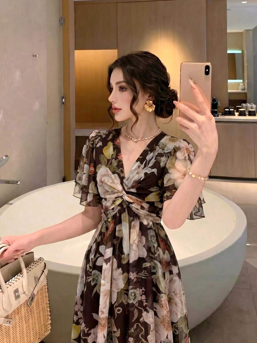 女款新款優雅浪漫花卉印花寬鬆連身裙 夏季波希米亞風 - 咖啡棕 - 查看 1