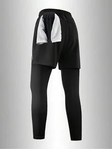 Men's 2-In-1 Compression Running Pants, Moisture-Wicking Outdoor Fitness Tights With Zipper Pockets, Suitable For Gym Training And Hiking Sports Black - Black - View 3