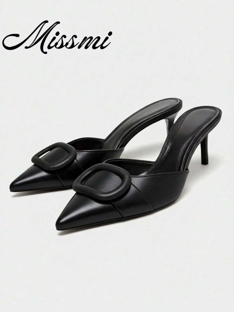 Women's Velvet Effect Embellished Pointed Toe High Heels,Kitten Heels - Black - View 1