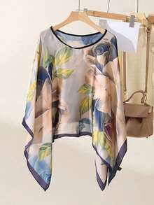 FADZOYLE 1pc Versatile Elegant Floral Print Lightweight Pullover Shawl Poncho Blouse For Women Beach Sun Protection Outerwear Loose Shawl Suitable For Daily Wear, Matching, Decorative Accessory - Multicolor - View 11
