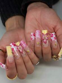 10 Peças Unhas Postiças Francesas Médias Feitas à Mão | Vibe Fofa de Oceano de Verão | Pontas de Unhas com Flor de Concha 3D & Strass | Para Raparigas em Férias na Praia & Uso Diário de Verão - Rosa Avermelhado - View 4