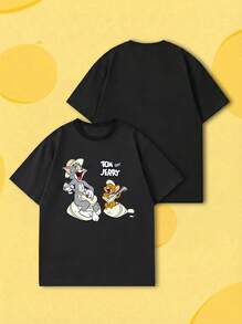 SHEIN X Tom & Jerry 夏季女款短袖T恤，經典卡通角色音樂主題趣味印花搭配品牌字母設計，休閒風 - 黑色 - 查看 2