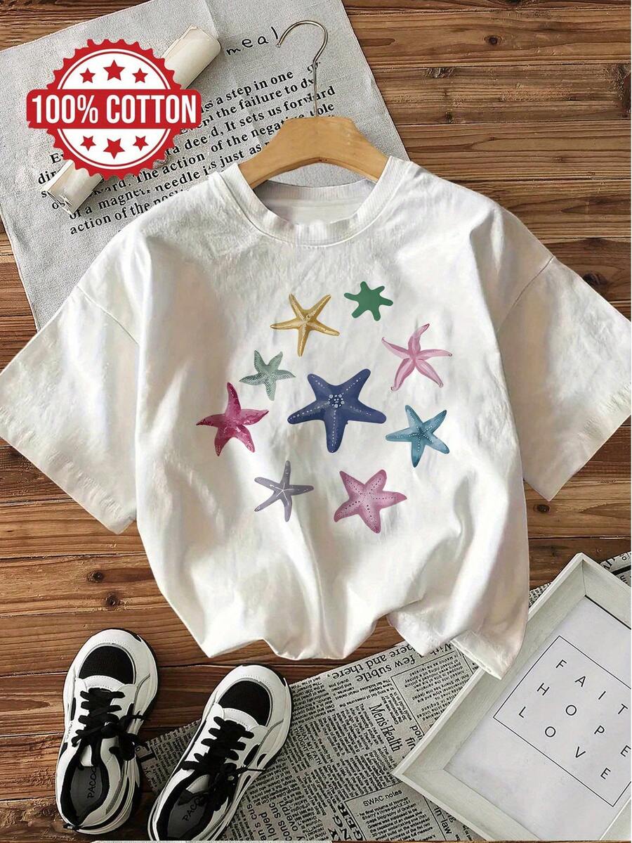 Minimalist. 100% Cotton. 1 Piece. Colorful Starfish Print. Casual Short-Sleeved, Crew Neck T-Shirt, Suitable For Summer And Spring, Women's Clothing. Spring/Summer Top. - 白色 - 查看 1