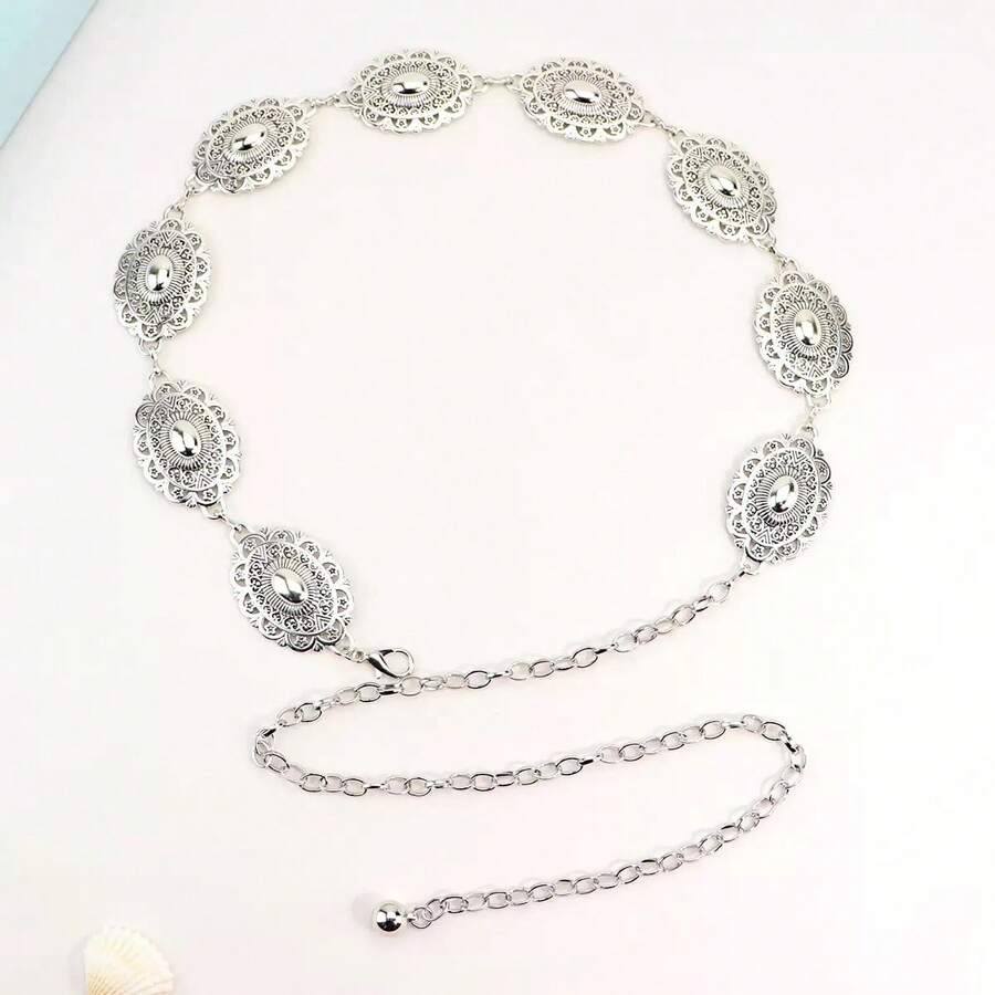 1 pezzo Catena da vita in metallo intagliato stile bohémien western vintage da donna, stile casual versatile alla moda - Catena da vita in argento con grande fiore - Visualizzare 1
