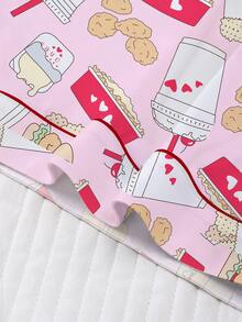2-Piece Set - Women's Pink Burger, Cheese, And French Fry Printed Short Sleeved Shorts And Pajamas Set, With Pocket Button Design On The Top, Comfortable And Soft Skin Friendly Knitted Fabric Casual Wear, Suitable For Daily Home, Sleepwear Parties, Family, All Seasons - 粉色 - 查看 6