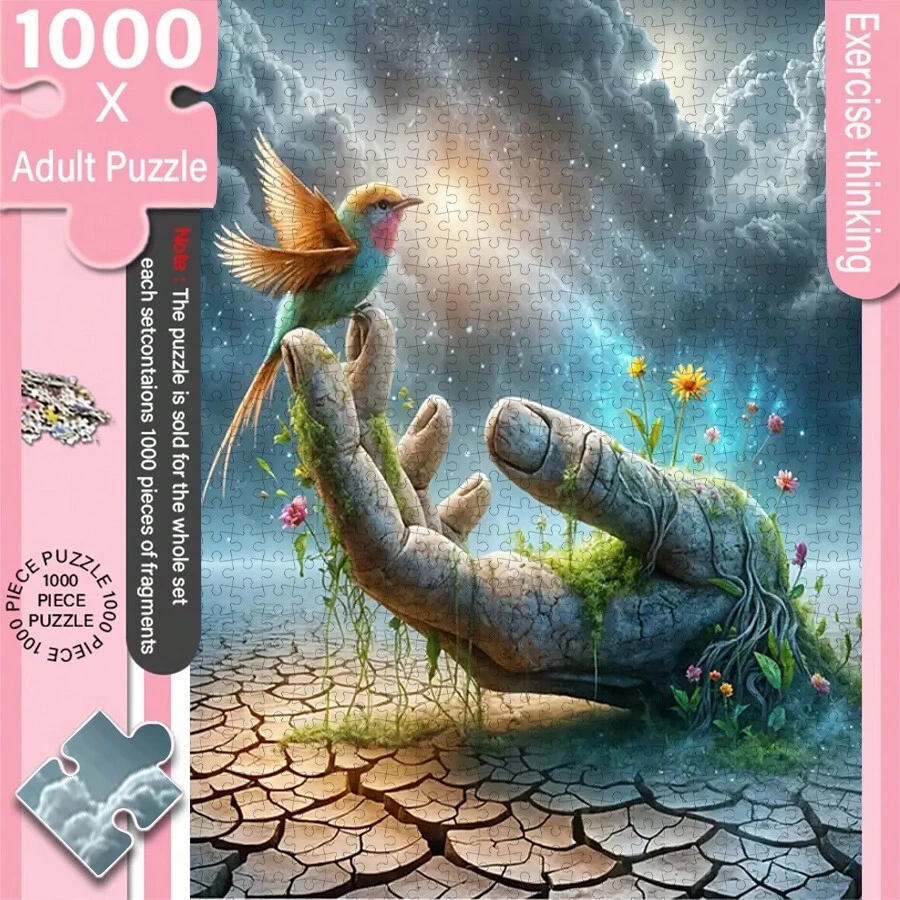 1000片成人迷你拼圖盒裝 - 精密切割拼圖，成人挑戰難度，耐刮材質。圖案呈現賦予生命的雙手與靈鳥在裂開的土地上，具強烈藝術感。適合成人休閒、家庭娛樂，可用作DIY家居裝飾、藝術收藏，也是萬聖節、聖誕節與腦力挑戰的絕佳禮物，在組裝過程中感受創意與美學。