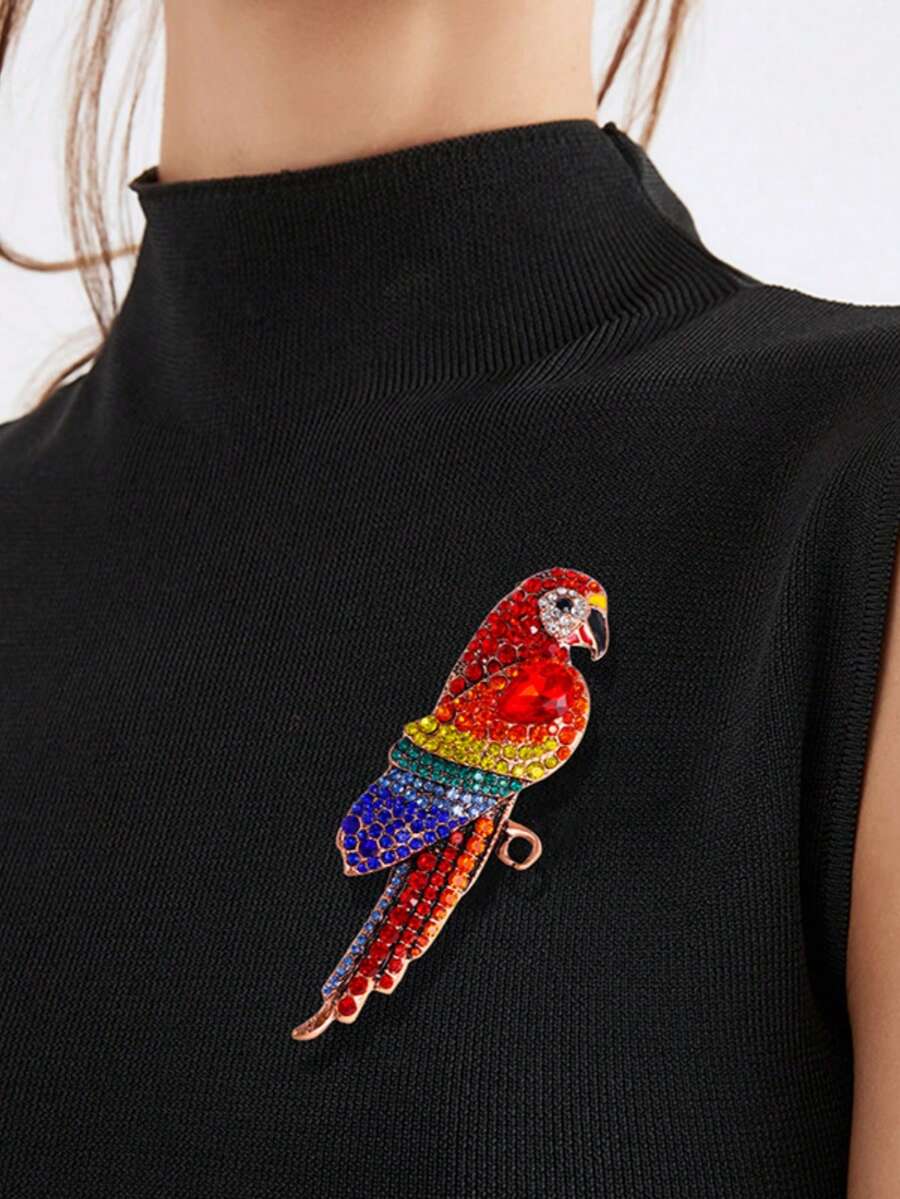 1pc Fashionable Elegant Colorful Rhinestone Inlaid Vintage Parrot Brooch Versatile Clothing Accessory Pin - Multicolor - View 1